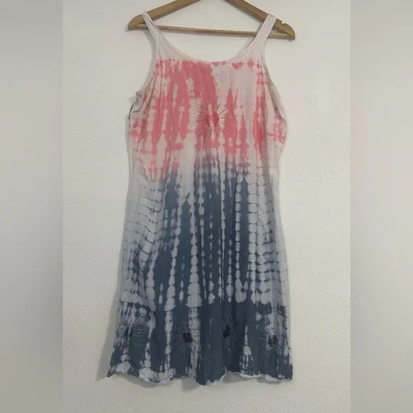 Raya Sun Tie Dye Beachy BOHO Tank Pink and Gray Sleeveless Mini Sundress - Picture 11 of 16